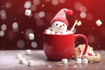 Marshmallow snowman sitting in a mug of hot chocolate