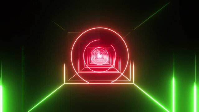This stock motion graphic  video of 4K Colored Geometric Neon Tunnel with gentle overlapping curves on seamless loops.