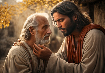 Jesus Christ heals a blind man. Religious biblical scene concept - obrazy, fototapety, plakaty