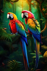 Obraz premium colorful and vibrant parrots sitting at branch in tropical jungle, vivid macaw birds at nature