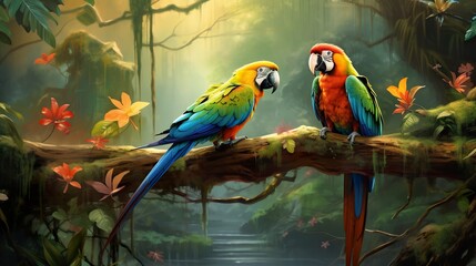 Obraz premium colorful and vibrant parrots sitting at branch in tropical jungle, vivid macaw birds at nature