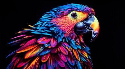 Obraz premium colorful fantasy parrot on black background poster, exotic vibrant and vivid macaw bird wallpaper