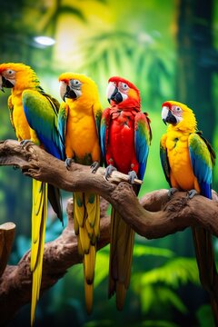 colorful and vibrant parrots sitting at branch in tropical jungle, vivid macaw birds at nature