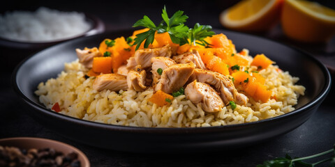 Delicious Chicken Dish with Rice Carots on Blurry Background