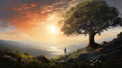 inspirational scene, with a serene natural setting and a central figure engaged in an act of...