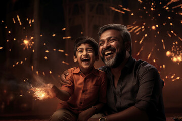 Happy Indian father and son celebrating Diwali festival with fire crackers. Diwali festival concept - obrazy, fototapety, plakaty