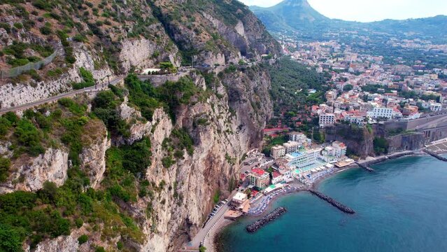 Sant'Agnello - seafront in Sorrento - Aerial shot along the rocky coast