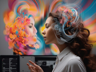 Woman in virtual reality and augmented by Artificial Intelligence 