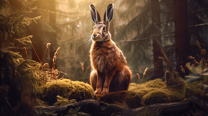 rabbit in the woods - obrazy, fototapety, plakaty