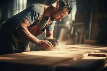 Carpenter man attend to making masterpiece woodworks handcrafted furniture fine measure in wood workshop. - obrazy, fototapety, plakaty