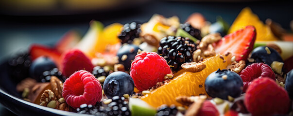 Close up photo of fresh fruit and nuts on plate, healthy food concept - obrazy, fototapety, plakaty