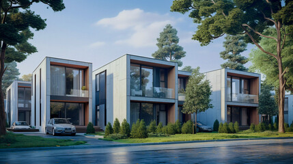 realistically depict the exterior of modern modular private townhouses with a minimalist architectural style. clean and modern design