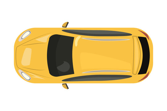 Yellow car from top view isolated on white background. Delivery automobile. Sedan icon. Vehicle overhead. Small suv. City transport. Car rental or insurance. Stock vector illustration