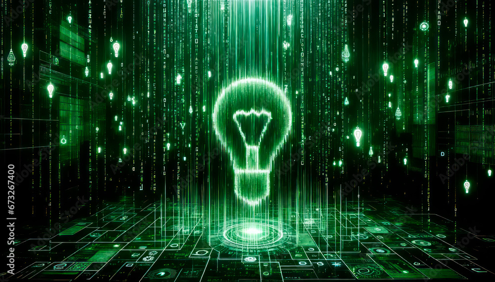 Poster Futuristic glowing light bulb on a digital background with binary code. Generative AI