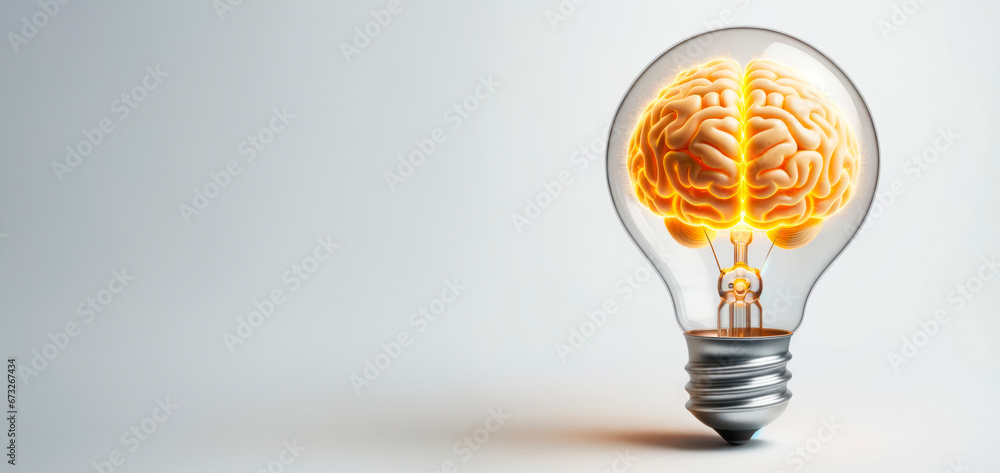 Poster human brain inside a light bulb on white background, mockup. brainstorming and idea concept. generat