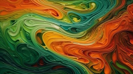 Abstract painted acrylic oil colour 3d texture, overlapping layers of green orange waving waves texture design illustration background. Decor concept. Wallpaper concept. Art concept. 3d concept.
