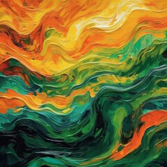 Obraz premium Abstract painted acrylic oil colour 3d texture, overlapping layers of green orange waving waves texture design illustration background. Decor concept. Wallpaper concept. Art concept. 3d concept.