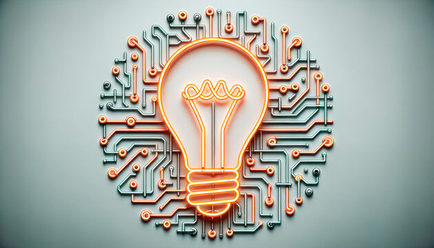 Circuit board with glowing lightbulb. Idea concept. Generative AI