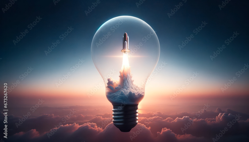 Poster Lightbulb with start up rocket flying over clouds. Generative AI