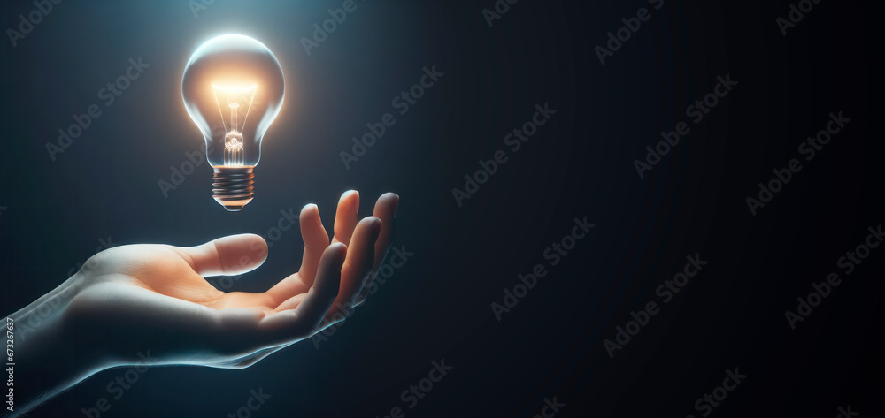 Poster close up of human hand holding glowing light bulbon dark background with empty space. generative ai