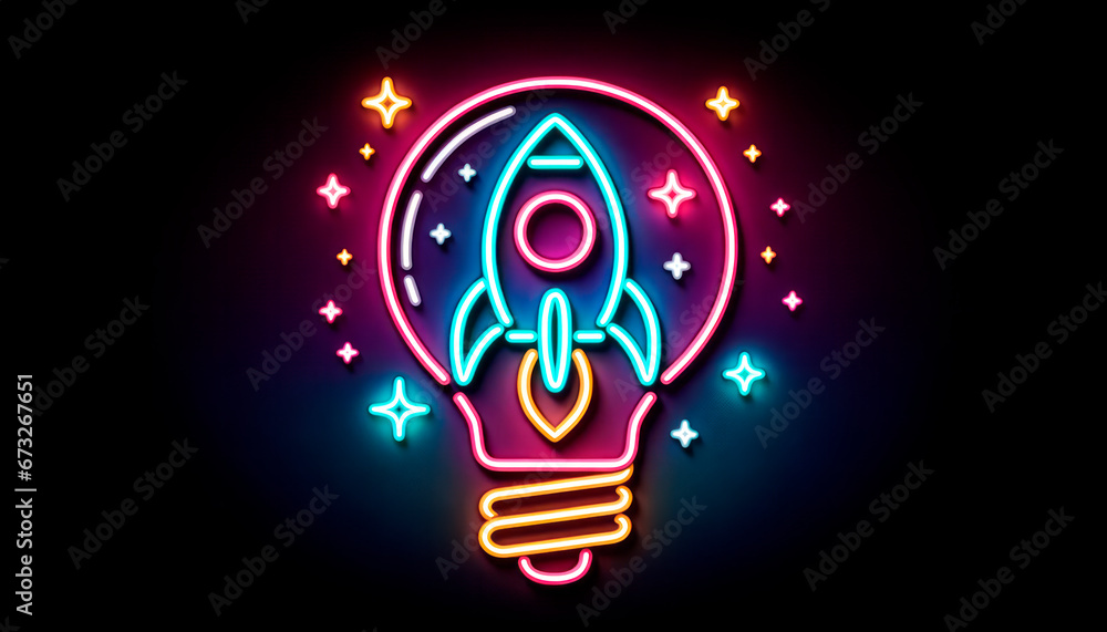 Poster startup neon sign. glowing rocket icon in light bulb on black background. generative ai