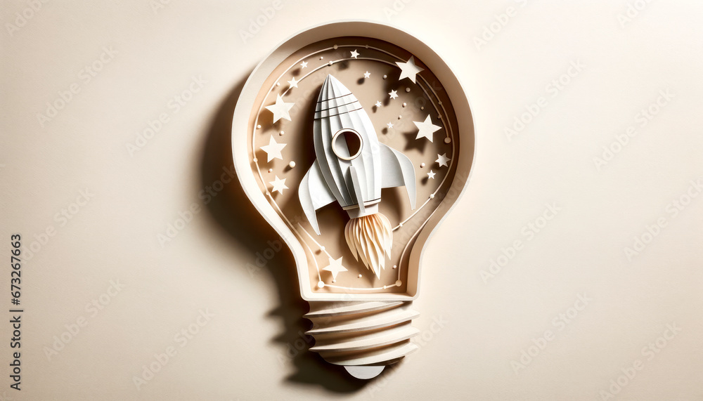 Poster lightbulb with rocket and stars made of paper on light background. generative ai