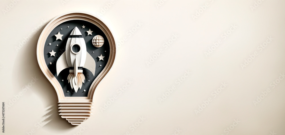 Poster Creative idea concept with rocket and lightbulb. Generative AI