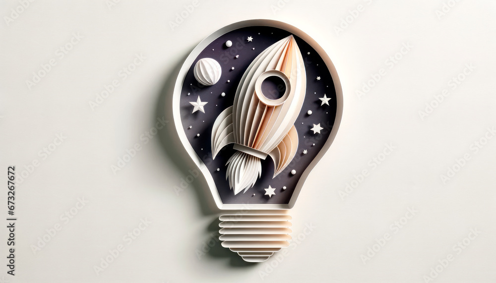 Poster light bulb with rocket and stars on white background. generative ai