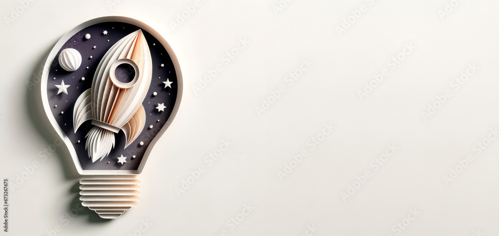 Poster creative lightbulb with rocket made of paper on white background, mockup. startup concept. generativ