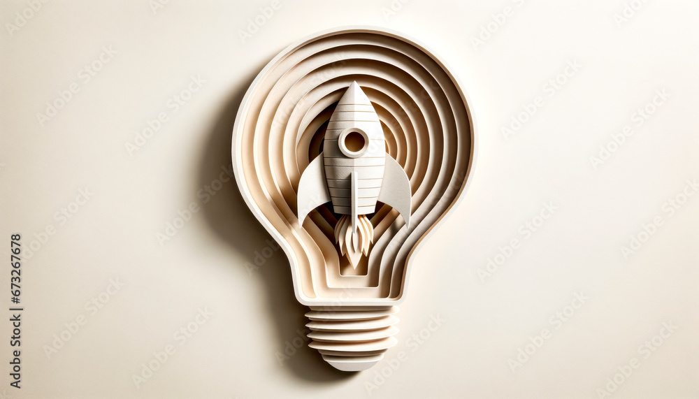 Aufkleber light bulb with rocket on white background. concept of new idea and innovation. generative ai