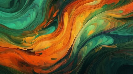 Abstract painted acrylic oil colour 3d texture, overlapping layers of green orange waving waves...