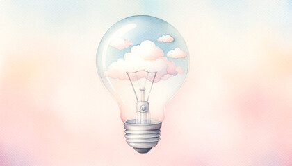 Light bulb with clouds inside on colorful watercolor background, idea concept. Generative AI