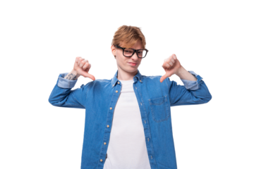 young cool fashion caucasian man with short red hair wearing blue shirt and glasses