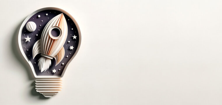 Creative lightbulb with rocket made of paper on white background, mockup. Startup concept. Generative AI