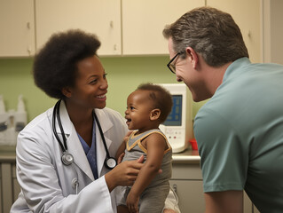 Pediatrician examining child patient with parent