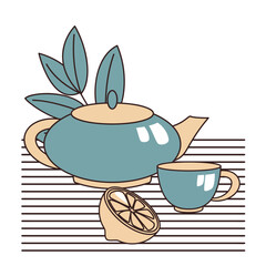 tea pot cup leaf lemon fruit drinking party invitation symbol color retro vector pattern