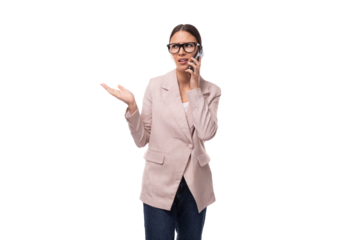 young smart brunette with hair gathered in a ponytail is dressed in a light jacket on a white background with copy space