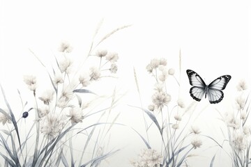 Monochrome watercolor butterflies, plants, and wildlife illustration. Generative AI