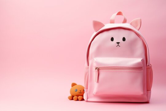 School backpack with stationery on pink background. Back to school concept. Generative AI