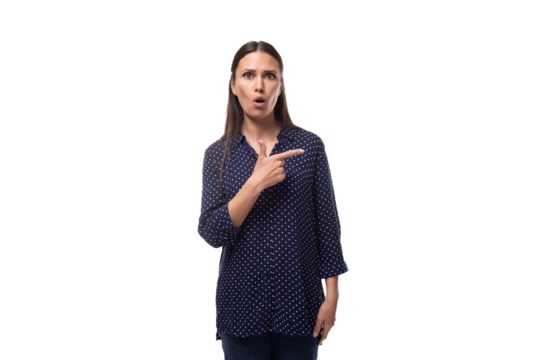 young adorable slim brunette woman dressed in blue polka dot shirt