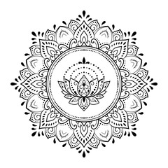 Circular pattern in form of mandala with Lotus flower for Henna, Mehndi, tattoo, decoration. Decorative ornament in ethnic oriental style. Outline doodle hand draw vector illustration.