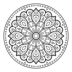 Circular pattern in form of mandala with flower for Henna, Mehndi, tattoo, decoration. Decorative ornament in ethnic oriental style. Outline doodle hand draw vector illustration.