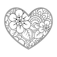 Mehndi flower pattern in form of heart for Henna drawing and tattoo. Decoration in ethnic oriental, Indian style. Valentine's day greetings. Coloring book page.