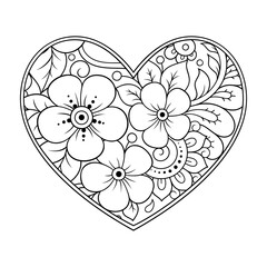 Mehndi flower pattern in form of heart for Henna drawing and tattoo. Decoration in ethnic oriental, Indian style. Valentine's day greetings. Coloring book page.
