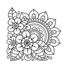 Mehndi flower pattern for Henna drawing and tattoo. Decoration in ethnic oriental, Indian style. Doodle ornament. Outline hand draw vector illustration.