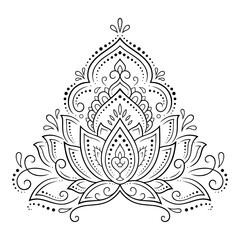 Lotus mehndi flower pattern for Henna drawing and tattoo. Decoration in oriental, Indian style. Doodle ornament. Outline hand draw vector illustration.
