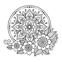 Circular pattern in form of mandala with flower for Henna, Mehndi, tattoo, decoration. Decorative ornament in ethnic oriental style. Outline doodle hand draw vector illustration.