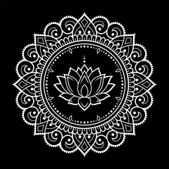 Circular pattern in form of mandala with Lotus flower for Henna, Mehndi, tattoo, decoration. Decorative ornament in ethnic oriental style. Outline doodle hand draw vector illustration.