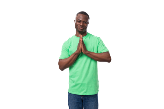 young american man in casual t-shirt thinking over white background