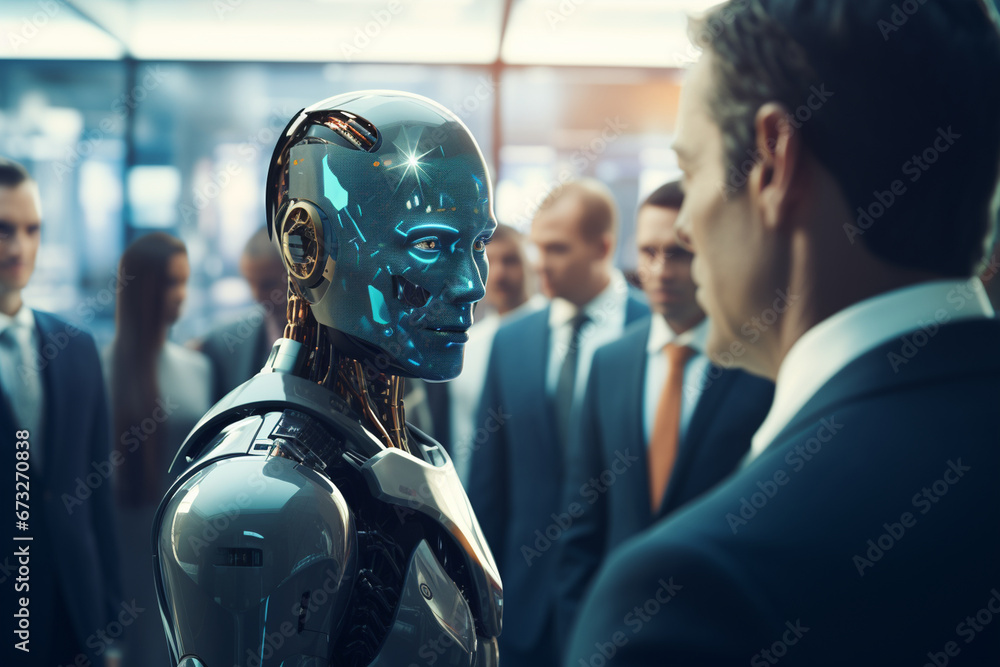 Poster close-up of an ai robot interacting with a diverse team of professionals, its facial recognition sof